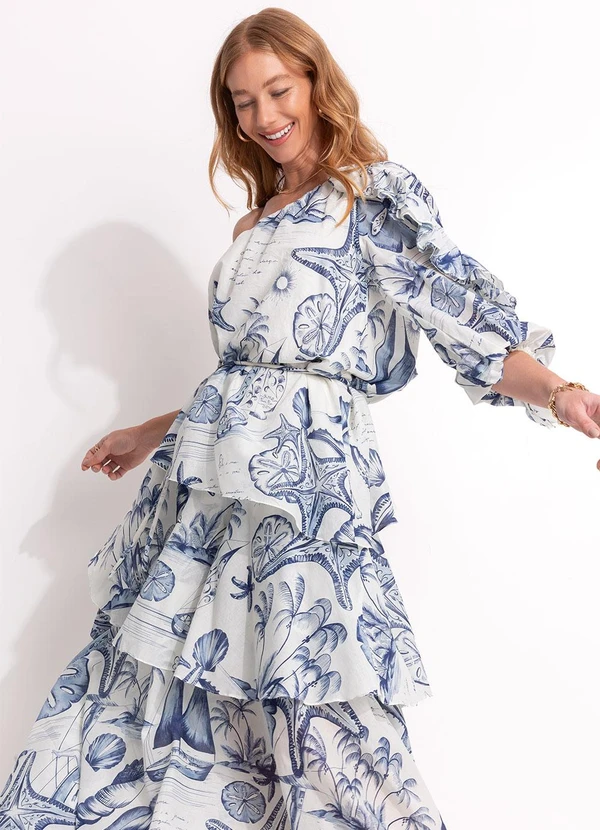 Farm - Vestido Longo Babados Mar de Ondas Bege 7