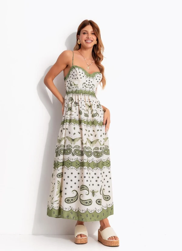 Farm - Vestido Longo Bandanas Jardim Verde