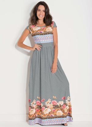 Vestido Longo (Barrado e Listras) com Manguinhas