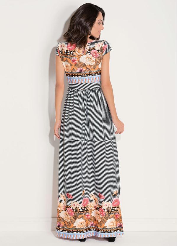 Quintess - Vestido Longo Barrado e Listras com Manguinhas 2