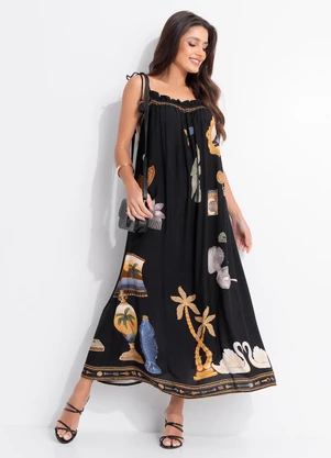 Farm - Vestido Longo Bibelo Preto - FARM