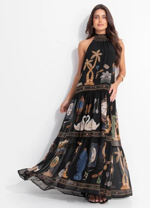 Farm - Vestido Longo Bibelo Preto - FARM