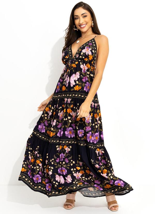 Farm - Vestido Longo Borboleta em Flor Preto