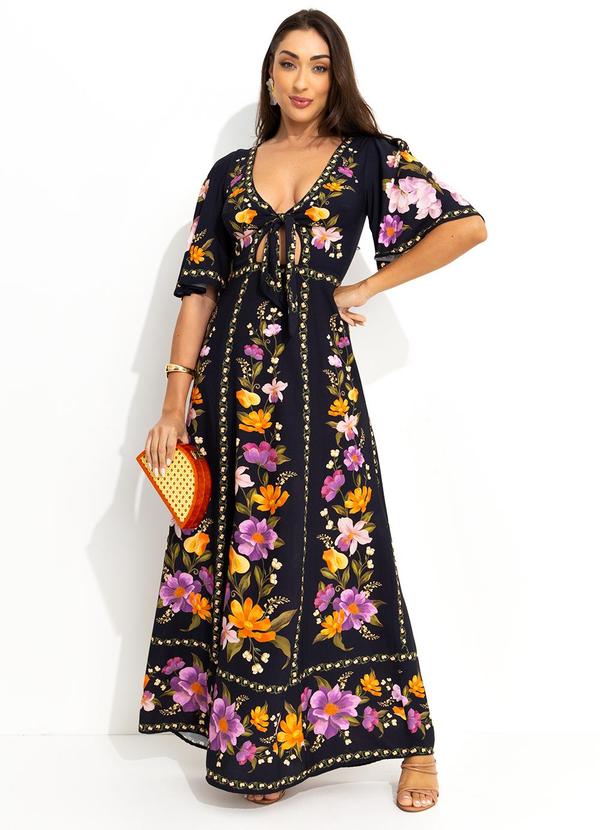 Vestido Longo Borboleta em Flor Preto - Farm