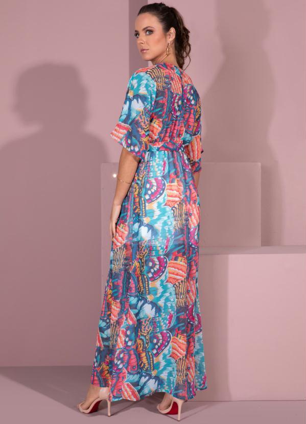 Outlet - Vestido Longo Borboletas Transpassado com Faixa 2