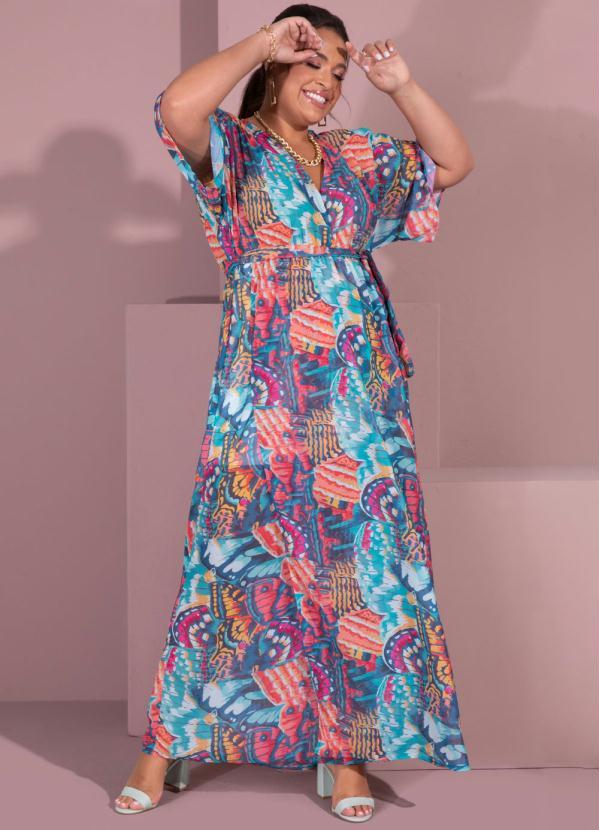 Outlet - Vestido Longo Borboletas Transpassado com Faixa 3