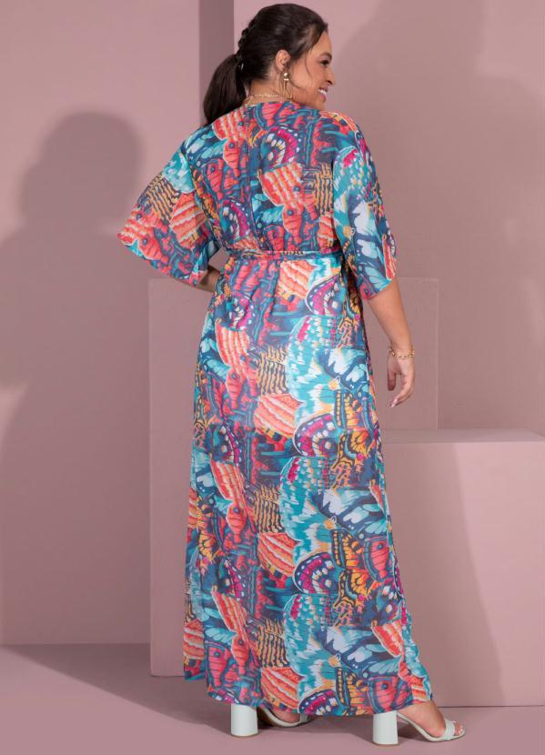 Outlet - Vestido Longo Borboletas Transpassado com Faixa 4