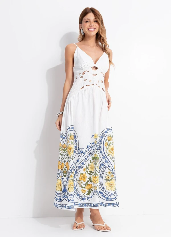 Farm - Vestido Longo Bordado Romance Boho Off White