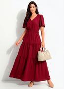 Vestido Longo Bord� em Crepe com Bot�es e El�stico na Cintura