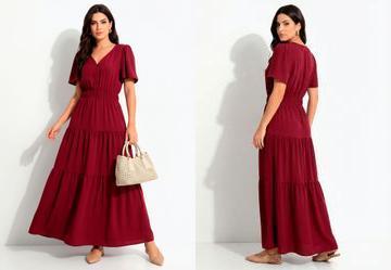 Vestido Longo Bord� em Crepe com Bot�es e El�stico na Cintura