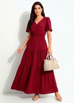 Vestido Longo Bord� em Crepe com Bot�es e El�stico na Cintura