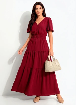 Quintess - Vestido Longo Bordô em Crepe com Botões e Elástico na Cintura - QUINTESS