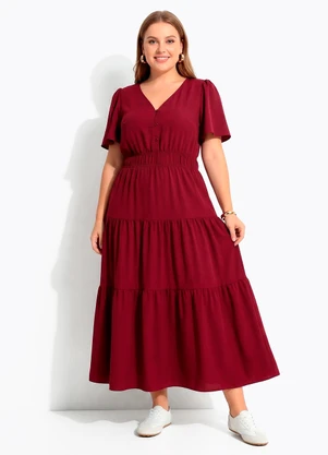 Quintess - Vestido Longo Bordô em Crepe com Botões e Elástico na Cintura - QUINTESS