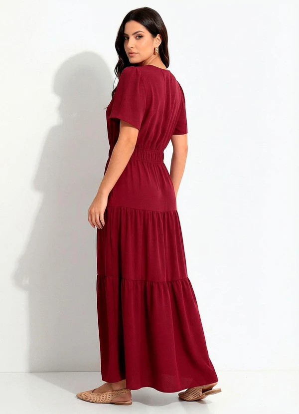 Quintess - Vestido Longo Bordô em Crepe com Botões e Elástico na Cintura 2