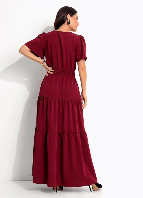 Quintess - Vestido Longo Bordô em Crepe com Botões e Elástico na Cintura 5