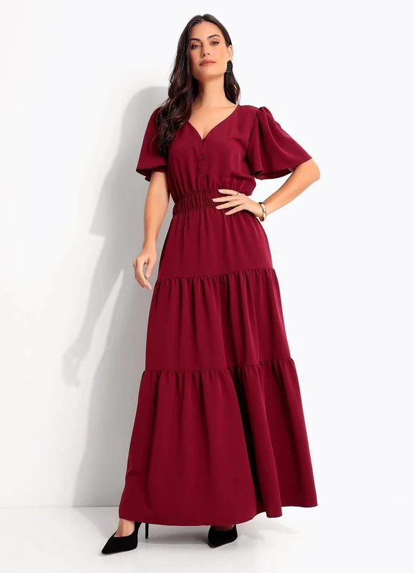 Quintess - Vestido Longo Bordô em Crepe com Botões e Elástico na Cintura 7