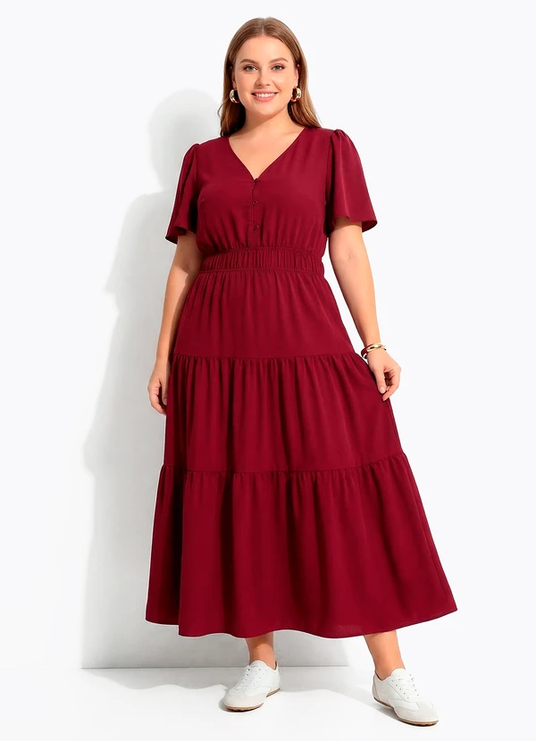 Quintess - Vestido Longo Bordô em Crepe com Botões e Elástico na Cintura 8