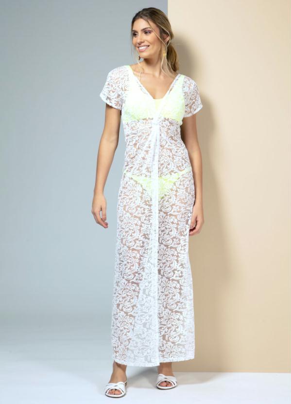 Quintess - Vestido Longo Branco Rendado com Transparência