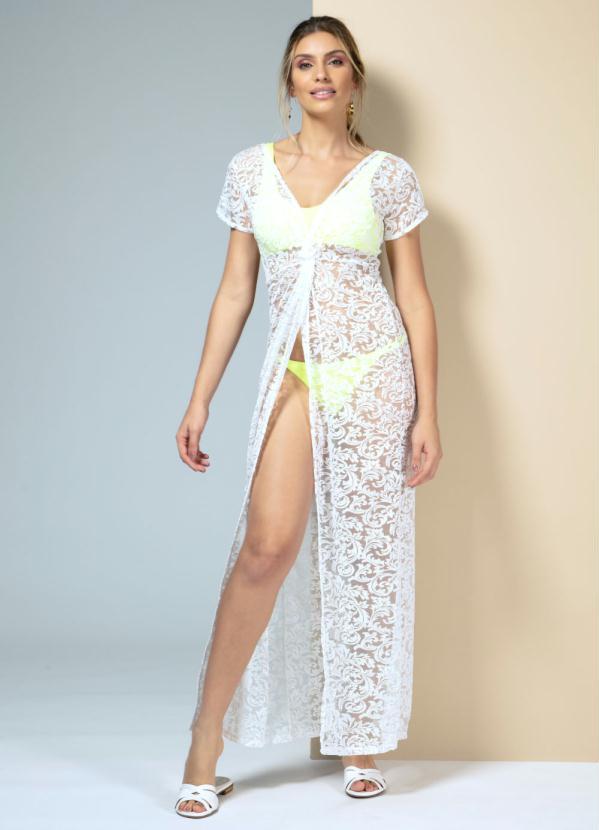 Quintess - Vestido Longo Branco Rendado com Transparência 3