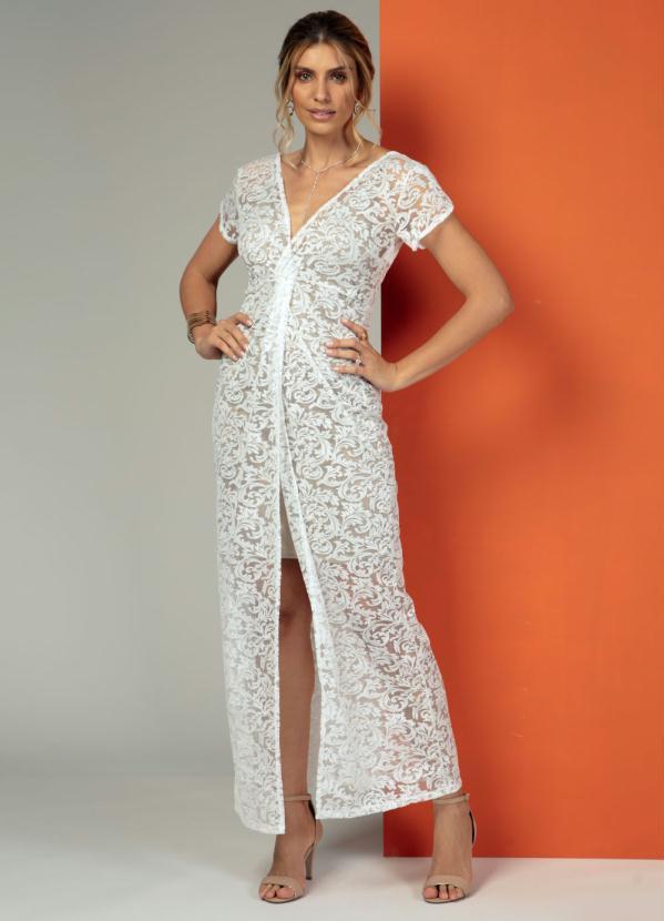 Quintess - Vestido Longo Branco Rendado com Transparência 4