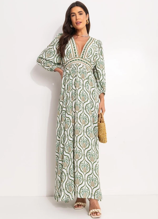 Farm - Vestido Longo Brilho de Abacaxi Off White