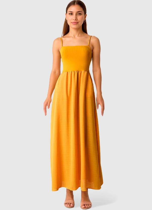 Malwee - Vestido Longo Canelado Amarelo
