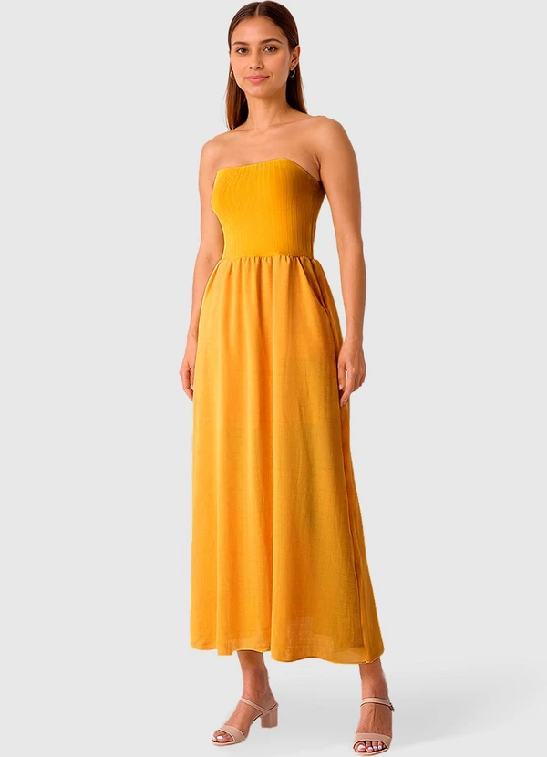 Malwee - Vestido Longo Canelado Amarelo 3