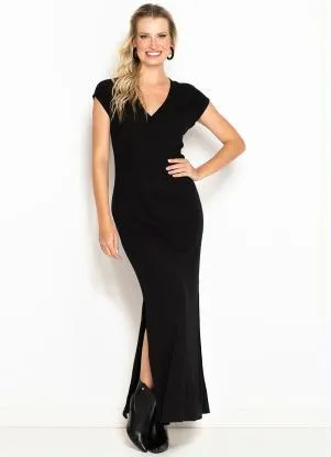 Vestido Longo Canelado Mix de Listras Preto Maria Filo