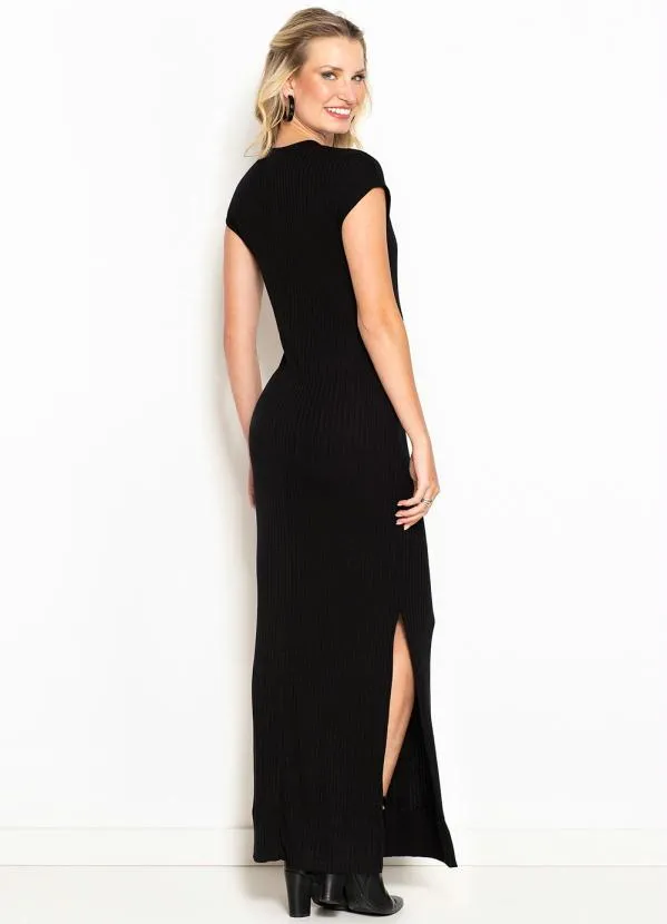 Maria Filó - Vestido Longo Canelado Mix de Listras Preto 2