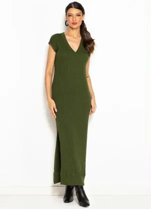 Maria Filó - Vestido Longo Canelado Mix de Listras Verde - MARIA FILÓ
