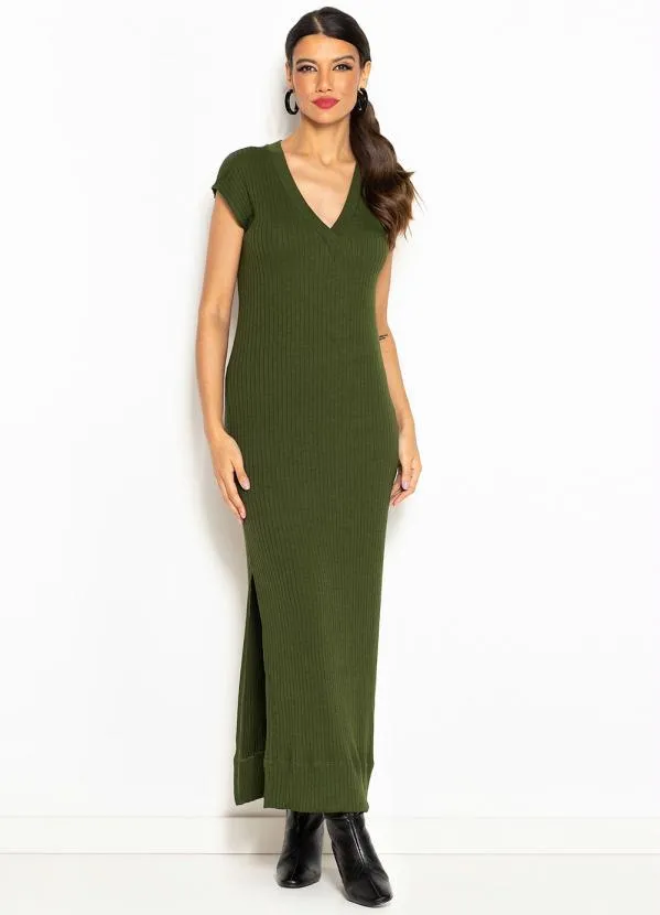 Maria Filó - Vestido Longo Canelado Mix de Listras Verde