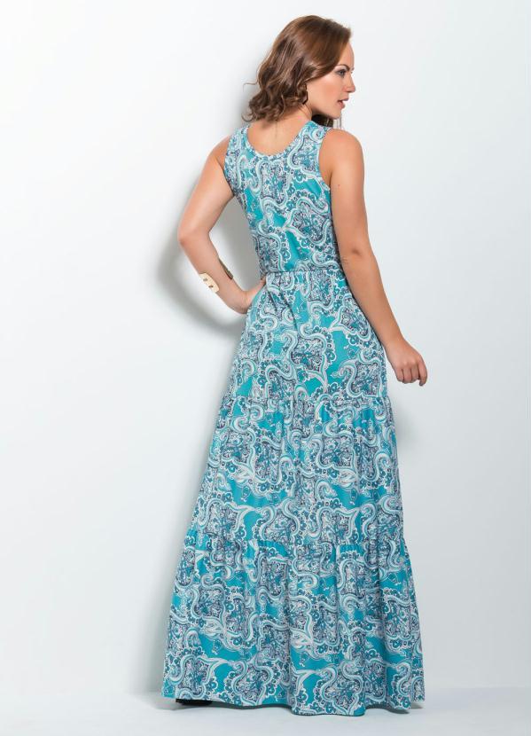 Moda Pop - Vestido Longo Cashmere Azul com Franzidos 2