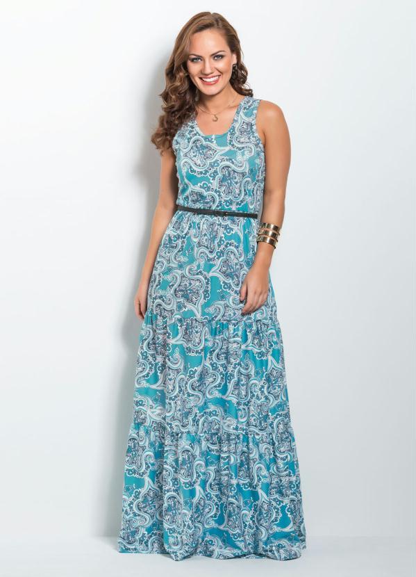 Moda Pop - Vestido Longo Cashmere Azul com Franzidos 3