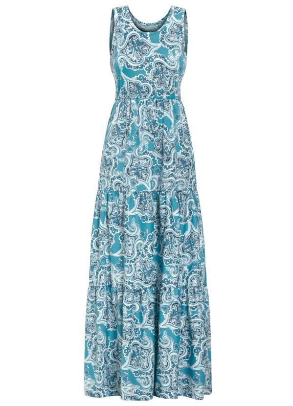 Moda Pop - Vestido Longo Cashmere Azul com Franzidos 4