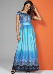 Vestido Longo Cashmere Azul com Manguinhas