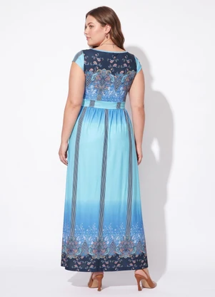 Quintess - Vestido Longo Cashmere Azul com Manguinhas - QUINTESS