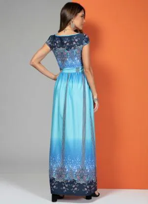 Quintess - Vestido Longo Cashmere Azul com Manguinhas - QUINTESS