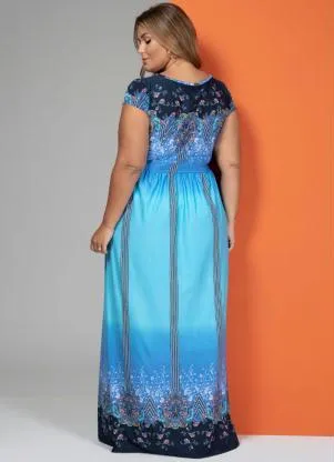 Quintess - Vestido Longo Cashmere Azul com Manguinhas - QUINTESS
