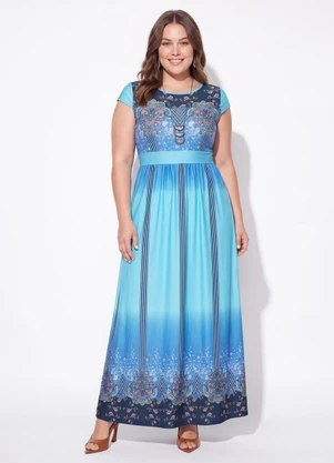 Quintess - Vestido Longo Cashmere Azul com Manguinhas - QUINTESS