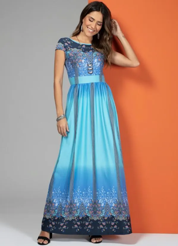 Quintess - Vestido Longo Cashmere Azul com Manguinhas