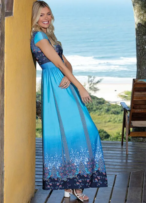 Quintess - Vestido Longo Cashmere Azul com Manguinhas 3