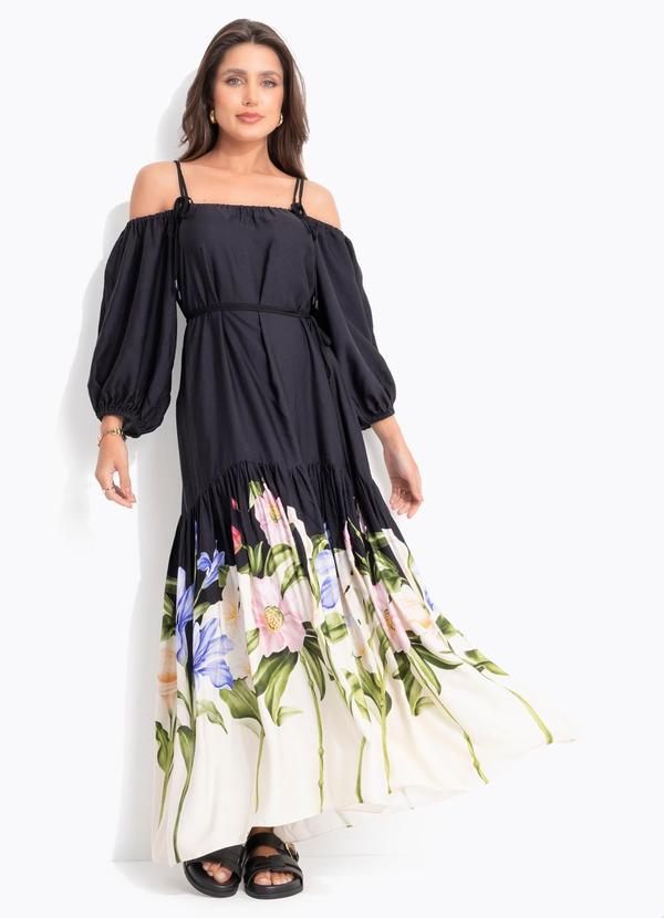 Farm - Vestido Longo Céu de Flor Preto