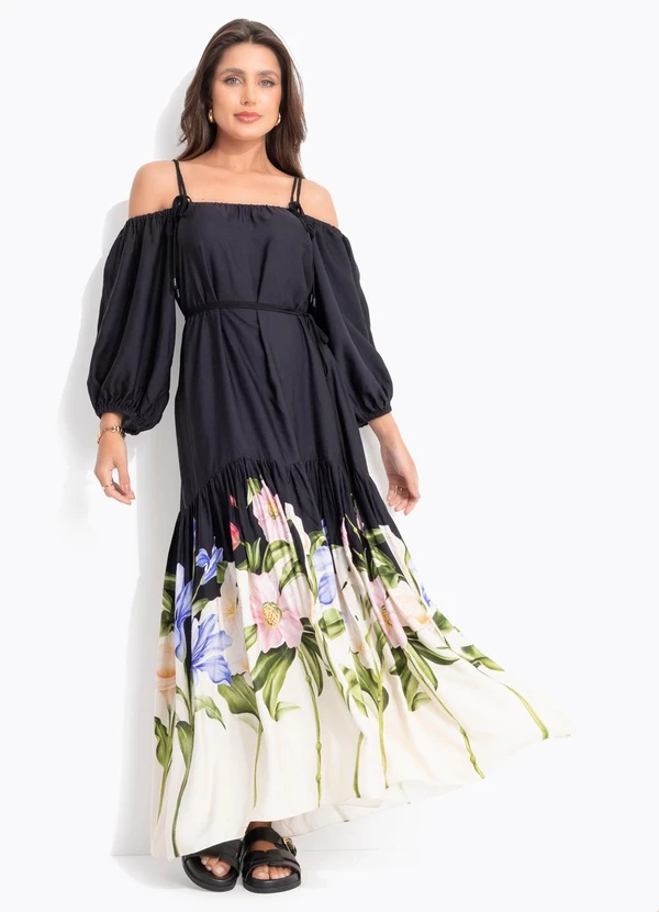 Farm - Vestido Longo Céu de Flor Preto 1