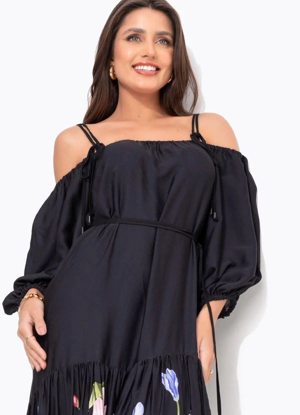 Farm - Vestido Longo Céu de Flor Preto 5