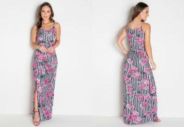 Vestido Longo com Alas e Fenda Listras e Flores