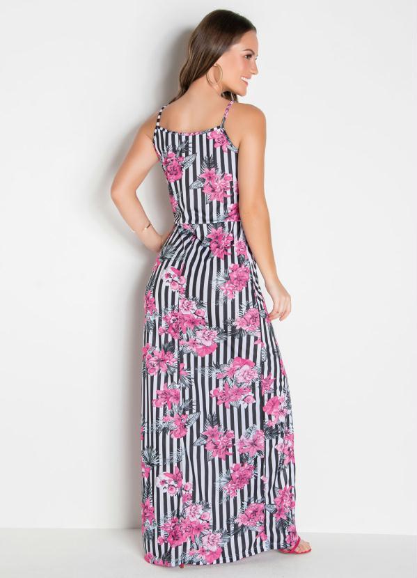 Moda Pop - Vestido Longo com Alças e Fenda Listras e Flores 2