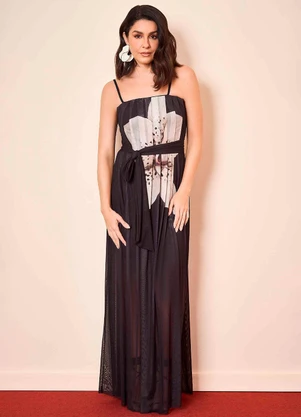Doce Trama - Vestido Longo com Alças em Tule Preto - DOCE TRAMA