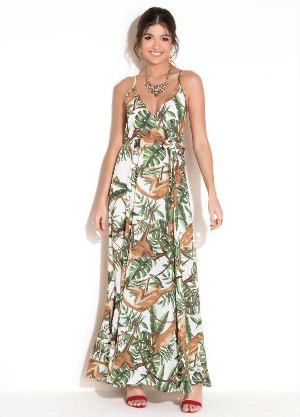Quintess - Vestido Longo com Amarração Bichos Verde