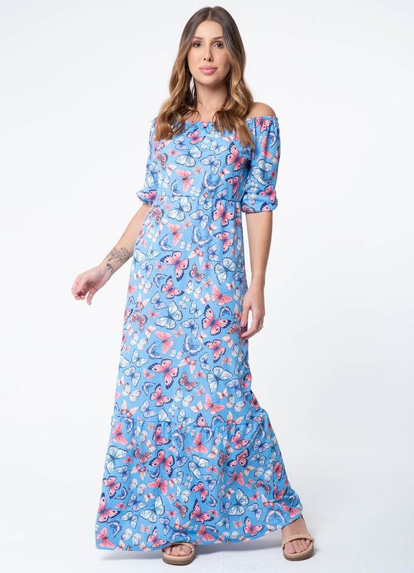 Misiss - Vestido Longo com Babado Jasmin Borboletas Azul
