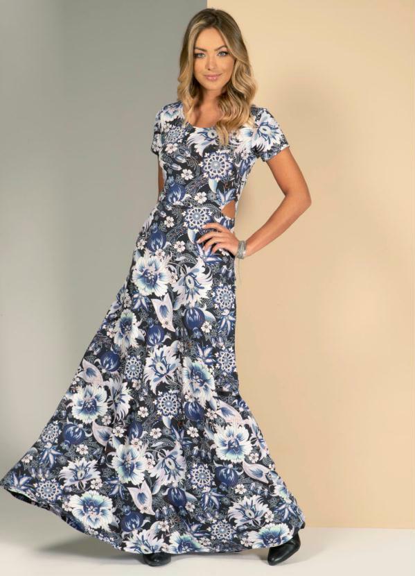 Quintess - Vestido Longo com Bolsos Floral Preto